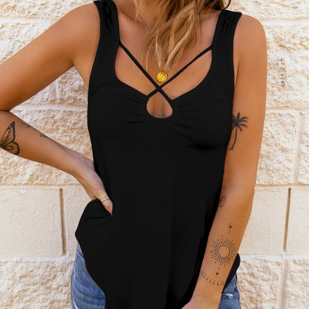 Black Solid U Neck Criss Cross Tank Top